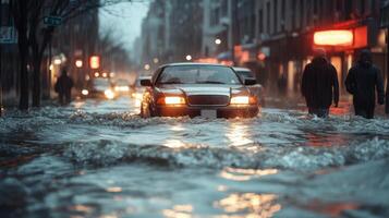 Environmental disaster Flooded city street. Car drives through deep water. People wade in the water near buildings. Heavy rain falling and creating flood. photo