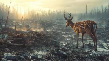 Deer stands alone in barren land. Burned forest at sunrise with smog. Animal and environment, lost habitat, nature survival. photo