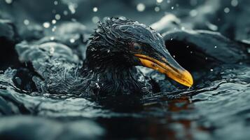 Environmental disaster Dark bird swims in water. Bird is wet. Yellow beak. Ripples surround the bird. Close up shot. photo