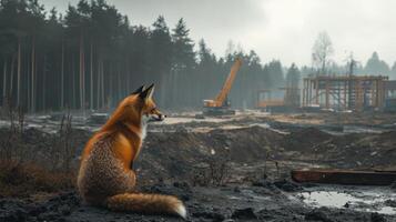 Environmental disaster Fox sitting alone on dirt ground near a forest looking at a building under construction in a foggy day nature photo