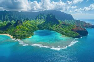 Island mountain view. Green peaks reach sky. Ocean water surrounds land. Blue lagoon near sandy beach. Waves break on reef. Cloudy day above. photo