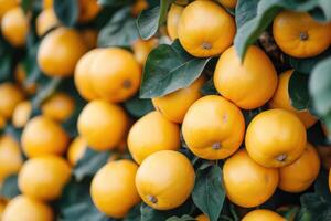 Orange fruit close up. Many ripe oranges growing on a tree with green leaves. Fresh and colorful citrus harvest. photo