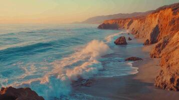 Ocean waves rolling on sandy beach near cliffs. Water splashes. Calm sea landscape under bright sky. Nature scenic view. photo