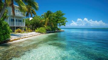 House on beach. Water is clear. Sky is blue. Trees are green. View of island coast. Tropical scene. photo
