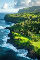 Ocean waves crash on green tropical island. Lush trees and plants grow near water. Cliff side view from above. Beautiful nature landscape. photo