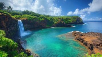 Waterfall flows into turquoise ocean. Green cliffs surround water. Blue sky with clouds on a bright day. Beautiful landscape with natural beauty and peaceful scene. photo