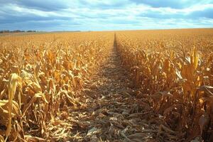 Dry yellow corn field with path under sky. Autumn farm crop. Agriculture season harvest. Rural land view. photo