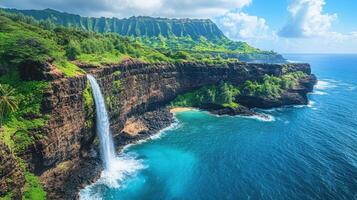 Tropical waterfall flows into the blue ocean. Green lush mountains by the sea. Beautiful coastal scenery with cliffs and trees under a bright sky. photo