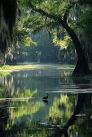 Swamp landscape with green trees. Water reflection and bird standing. Nature in the wild. Beautiful and calm nature scene. photo