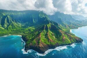 Island mountains meet blue ocean. Clouds rest above the green peaks. Waterfalls cascade down the mountain. Lush coast vista from above. photo