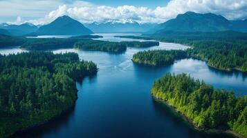 Island landscape view. Lake water with forest and mountains. Green trees reflect in blue water. Calm scenic nature outdoors background. photo