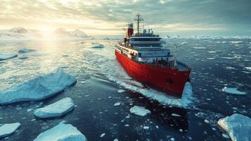 Red ship sailing through icy ocean waters. Cold landscape with icebergs floating and snow capped mountains in the distance. Bright light in the sky. photo