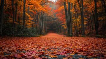 Autumn forest path. Orange leaves cover the ground. Trees line the way. A scenic view of fall nature. Dark tree trunks surround the scene. photo