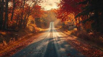 Fall trees line road. Autumn leaves cover path. Sunlight filters through woods. photo