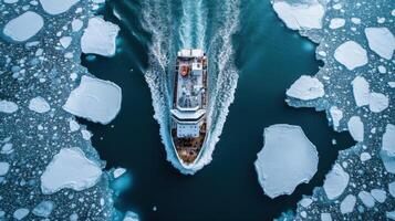 Large ship moving in cold water. Ocean filled with big pieces of ice. Boat sailing through icy sea from above. Open waters. photo