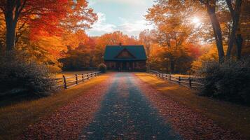 Autumn landscape. Road to cabin. Trees in fall colors. Sun shining. Fence on sides. Leaves scattered. House in distance. Country scene. photo