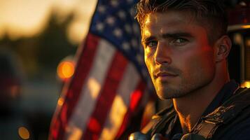 Firefighter looks ahead. American flag background. Light shines on face. Brave worker looks at the distance. Fire truck equipment. Stars and Stripes. photo
