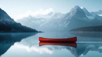 Red boat on calm lake. Mountains and trees in background. Scenic landscape. Water reflects sky. Peaceful nature. Still water. Blue colors. photo