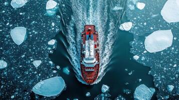 Big boat sails through cold water. Aerial view of ship traveling among many icebergs. Ocean water and sea ice floats near cargo ship. photo