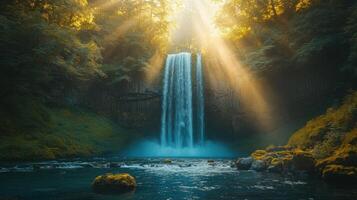 Waterfall flows in forest. Sunlight shines through trees. River water flows. Rocks sit in water. Green plants cover ground. photo