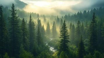 Green trees in forest. Mountain and river landscape. Foggy light over nature. Scenic view of woodland. Environment and natural background. photo