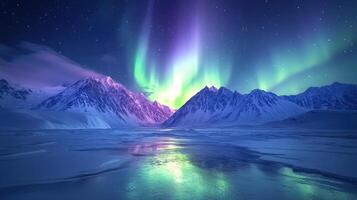 Snowy mountains landscape. Night sky with bright polar lights. Aurora borealis light display over frozen field. Scenic landscape with stars shine. photo
