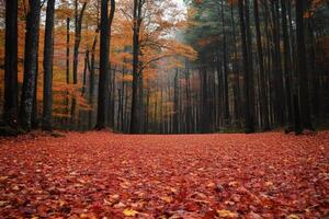 Autumn forest floor covered with fallen red leaves. Trees in background. Calm and beautiful nature scene. Orange and brown colors. photo