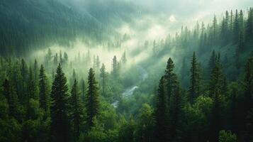 Green forest with tall trees and mist. River flows through woods. View from above of scenic nature with fog rolling through. photo