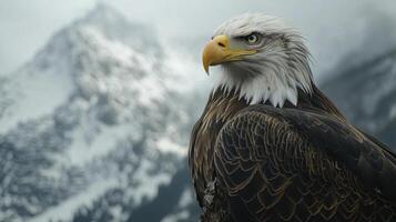 Bald eagle portrait. Majestic bird looking left. Snowy mountains in background. Wild animal perched. Powerful nature scene. Close up shot. photo