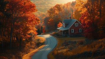 Autumn house scenic road. Country home surrounded by bright trees. Fall season landscape with leaves and winding path. Peaceful nature scene. photo