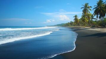 Tropical beach with dark sand. Palm trees grow near water. Waves are moving on shore. Clear blue sky over ocean in sunlight. photo
