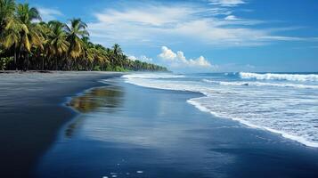 Black sand beach landscape. Waves rolling in, palm trees along shore. Tropical blue ocean, sunny sky. Serene coastal scenery. photo