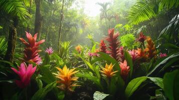 Jungle flowers bloom. Tropical plants grow. Exotic garden scene. Lush leaves and green forest. Colorful blossoms in sun. photo