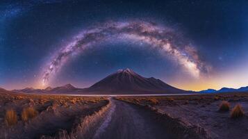 Night sky scene. Milky way above mountain. Stars shine bright. Long dirt road leads to hill. Desert landscape at nighttime. photo