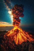 Volcano erupts at night. Lava flows down mountain. Dark smoke billows into the sky. Stars glow in the background. photo