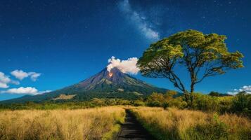Volcano glows at night. Stars shine in dark blue sky. Field of grass. Road leads to mountain. Tree in foreground. Open space. photo