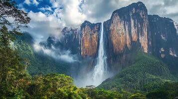Tall waterfall flows over rocky cliffs. Green trees and blue sky cover a mountain. Mist rises into clouds near rock wall. photo