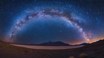Night sky full of stars. Milky way over mountains and desert landscape. Dark ground below glowing galaxy. Bright starlight across vast view. Space above earth. photo