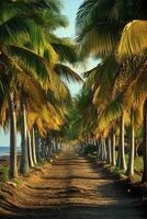 Palm Trees Line Dirt Path. Trees are Tall. Beach is in View. Sunlight Shines on Leaves. Nature Scene. Tropical Area. Vacation Spot. photo