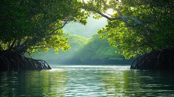 Green trees by water. Lush mangrove nature scene. Calm river reflects bright sunlight. Forest view over river. Peaceful nature scenery. photo