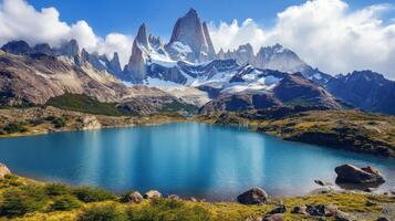 Mountain peaks reach above blue lake. Rocks and plants in foreground. Snow on high slopes. Clouds drift by. photo