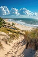 Sandy path leads to ocean. Blue sky above water. Natural beach scene with dune grass. Peaceful sea coast with calm waves. Coastal landscape view. photo