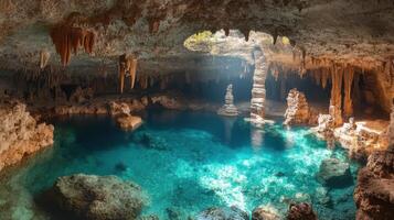 Cave scene with stalactites. Clear turquoise water reflects the cave ceiling. Rocks and formations are visible within the water in the cave. photo