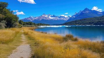 Lake shore view. Mountain range. Grass field near water. Clear blue sky above. Peaceful scenery. Nature background. Outdoor travel location. Bright sunny day. photo