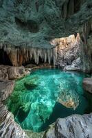 Cave with clear water pool. Rock formations inside a cave. Underground grotto with turquoise water. Stalactites and rock roof. Water reflecting light. photo