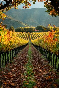 Vineyard in autumn. Rows of grape vines with yellow and orange leaves. Mountains in the background. Foliage frames the landscape. photo