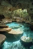 Cave with clear water. Sunlight filters through trees. Rocks rest in water. Steps lead to trees. photo