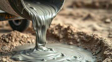 A bucket of cement pouring into a hole photo