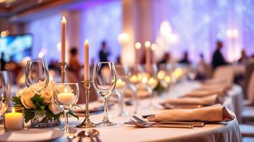 A table with white table cloth and place settings photo