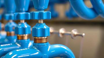 Blue pipes and valves in a factory photo